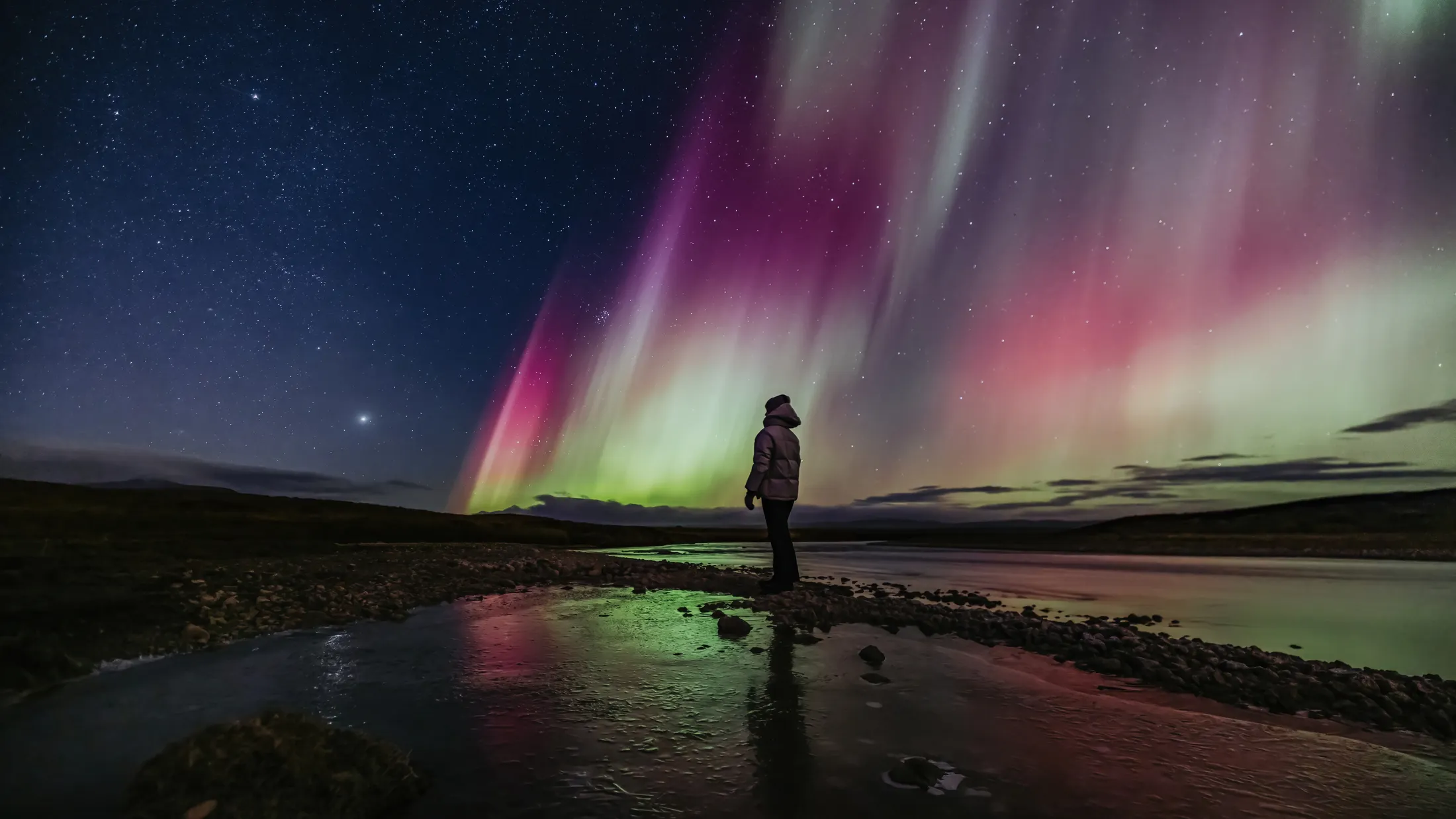 An aurora gazer stands on a path of rocks in a small pond, enjoying the colorful northern lights above.