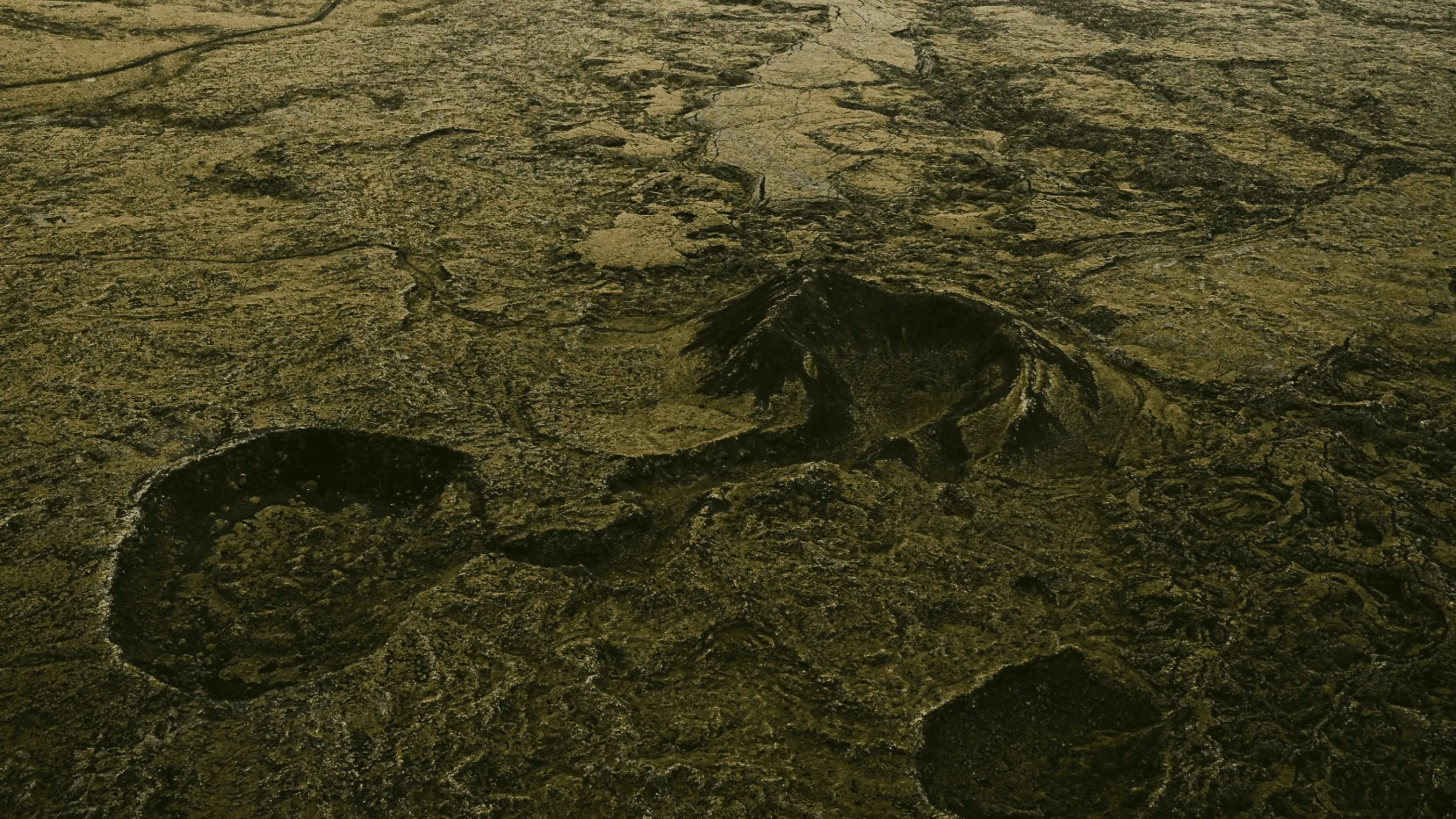 Dark green moss-covered lava fields on Iceland's Reykjanes peninsula sprawls out in all directions.