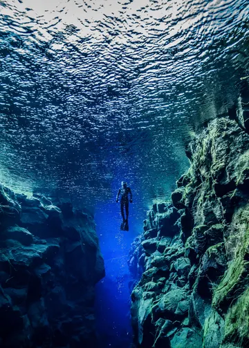 Snorkeler in an upright position nears the sparkling sun-lit surface of silfra, between two rock walls which narrow as the fissure gets deeper.