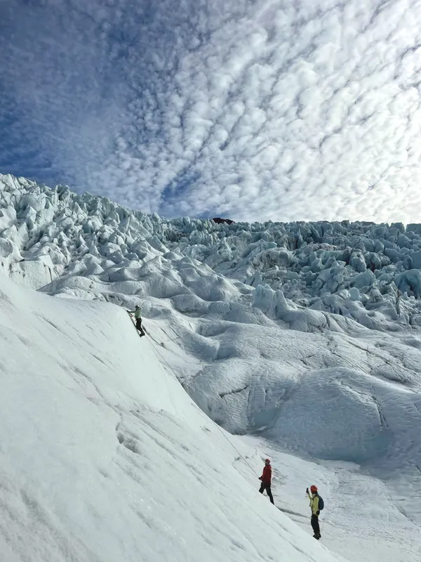 A client on an ice climbing tour reaches the top of a glacial wall on Falljökull. 