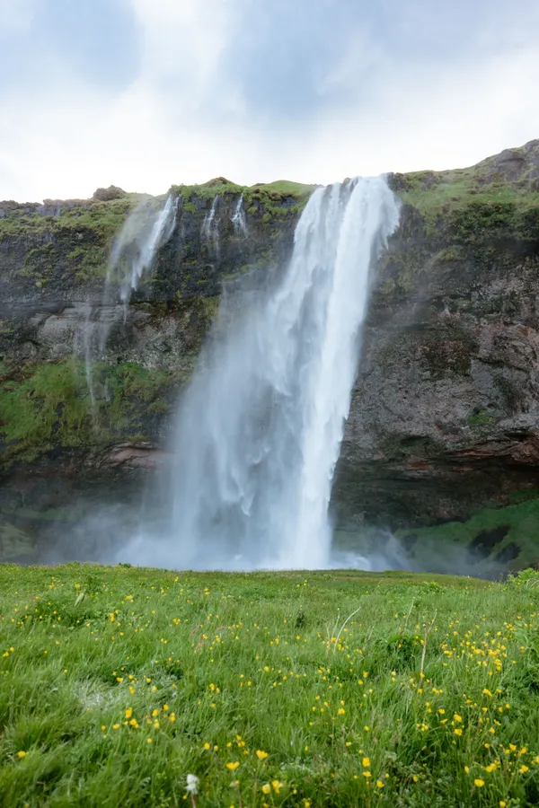 A waterfall blows sideways in Iceland's strong wind on a summer day, with bright green grass in the foreground.