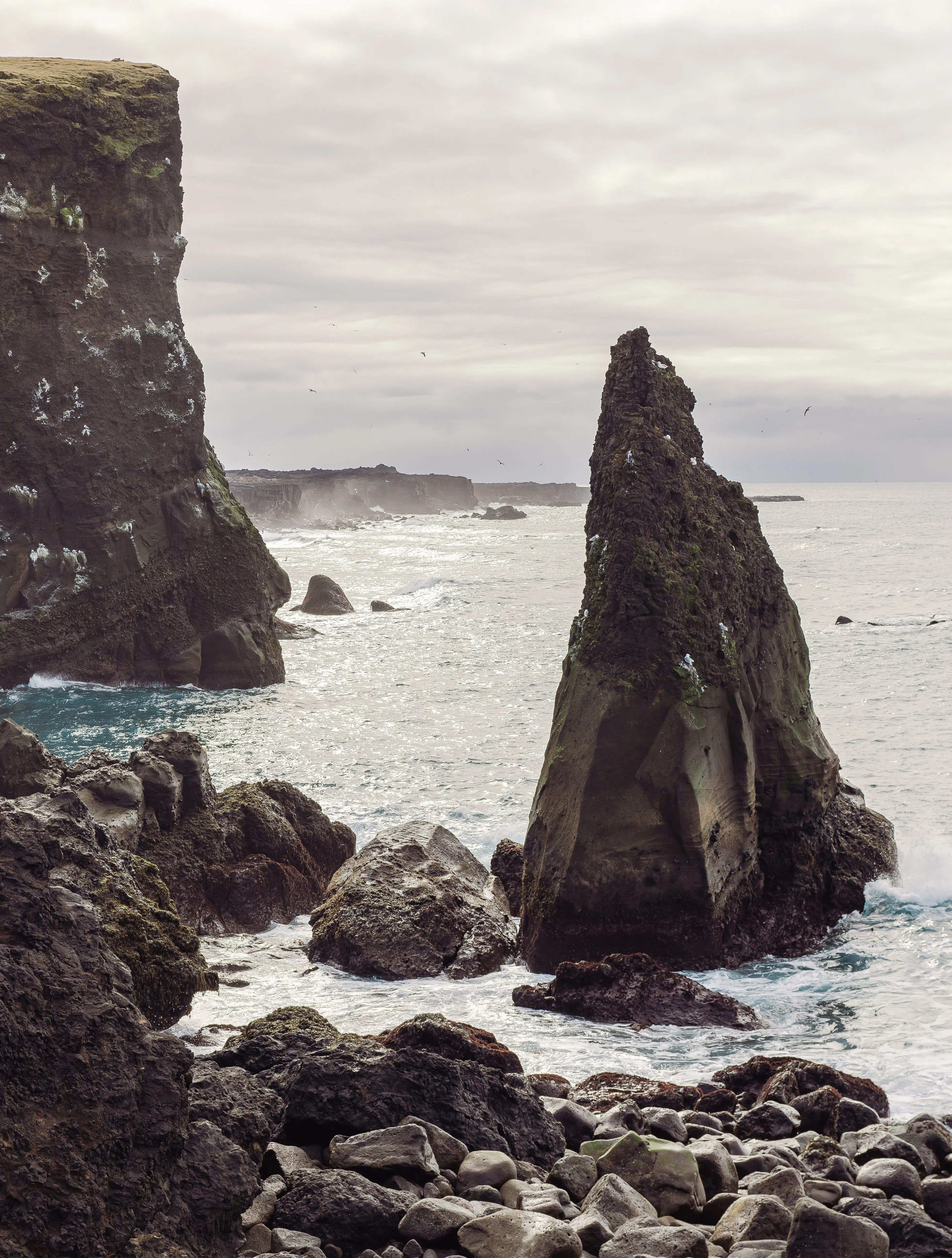 A sharp, triangular rock pinnacle juts out the ocean just beyond the cliff-lined coast.